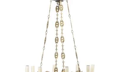 A six-light Empire style bronze chandelier. Electrical. Ca. 1920. H. 95 cm. Diam. 60 cm.