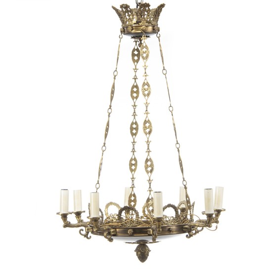 A six-light Empire style bronze chandelier. Electrical. Ca. 1920. H. 95 cm. Diam. 60 cm.