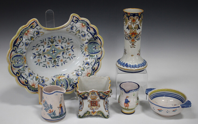 A small group of French faience, late 19th/early 20th century, including a barber's bowl, polyc