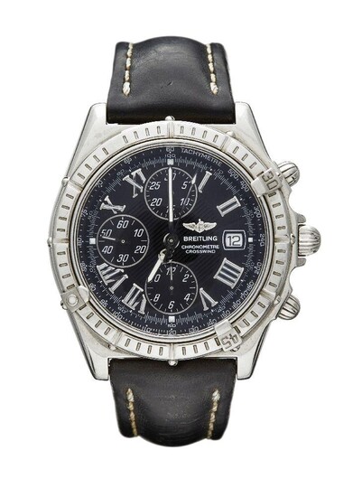 A stainless steel 'Crosswind' chronograph automatic wristwatch, by Breitling, ref. A13355, the black dial with Roman luminous numerals, luminous hands, sweep seconds, three subsidiary dials for constant seconds, 12 hour and 30 minute register...