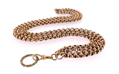 A two-row gold longuard chain, the plain gold links with...