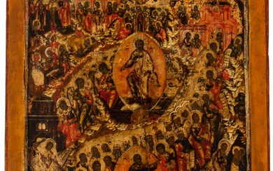 ABSTIEG JESU IN DIE UNTERWELT UND AUFERSTEHUNG, fein gemalte russische Ikone, 17. Jh.