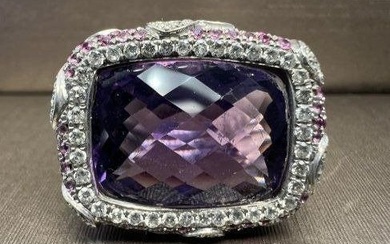 AMETHYST RING WITH DIAMONDS 1.5 CTS GH SI1, SMALL PINK SAPPHIRE 2.0 CTS, WHITE GOLD 18K