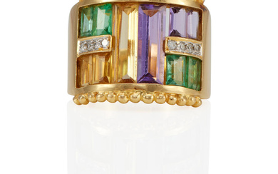AN 18K GOLD, AMETHYST, CITRINE, EMERALD, AND DIAMOND RING