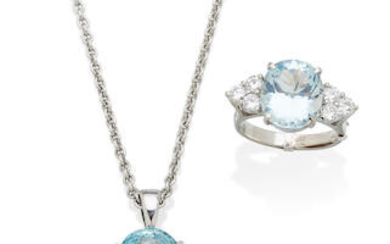 AN AQUAMARINE AND DIAMOND RING, TOGETHER WITH AN AQUAMARINE PENDANT NECKLACE