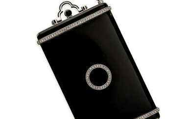 AN ART DECO LACQUER, DIAMOND AND SAPPHIRE MINAUDIERE in yellow gold, the rectangular body in black