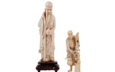 AN EARLY 20TH CENTURY CHINESE IVORY CARVING OF SHOU LAO AND ANOTHER CARVING