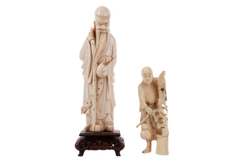 AN EARLY 20TH CENTURY CHINESE IVORY CARVING OF SHOU LAO AND ANOTHER CARVING
