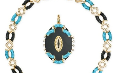 AN ONYX, TURQUOISE AND DIAMOND NECKLACE & PENDANT in 18ct yellow gold, the fancy link necklace