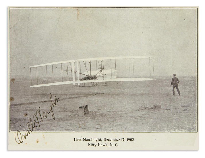 (AVIATORS.) WRIGHT, ORVILLE. Signature, on a printed card depicting the famous Wright Flyer...