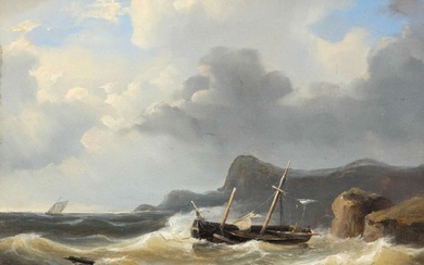 Abraham Hulk (1813-1897), Een vissersboot met gebroken mast voor de Engelse kust