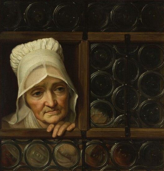 After Josef Hauzinger, Austrian 1728-1786- Old woman in a window; oil on canvas, 80.5 x 67 cm. Note: After the original oil by Hauzinger, of similar dimensions, and held in the Pushkin Museum, Moscow (no.3239), and itself clearly in the manner of...