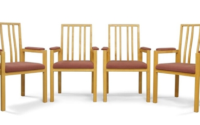 Alan Peters (1933-2009), a set of four sycamore dining chairs, square section legs with routed groove decoration, the square section arms with shaped arm rests, each stamped