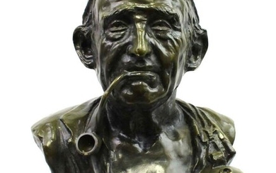 American Modern Bronze Bust Of a Man With Pipe Signed