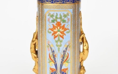 An Aesthetic Movement Coalport vase, elliptical, cylindrical form applied with two dragon handles, printed and painted with stylised floral panels enamelled in colours on a pale blue ground, highlighted in gilt printed gilt mark, repaired damages...