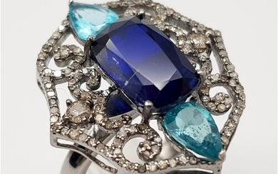 An Antique-Styled Blue Sapphire, Emerald and Diamond Ring se...