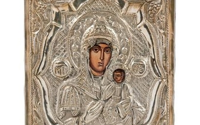 An Eastern European Silver Oklad Icon Height 8 inches.