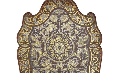 An English brass and steel burr walnut marquetry panel, late 18th/early 19th century, possibly formally a desk blotter, with scrolling acanthus decoration, 29cm high