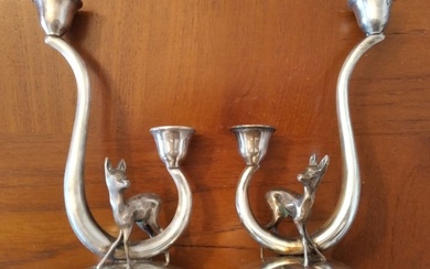 An Unusual pair of Early-Mid 20th Century Spanish 0.915 SIlver Two Candle Candelabra. - Candlestick (2) - .915 silver