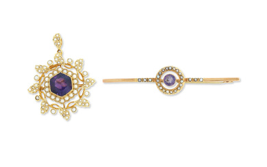 An amethyst and seed pearl pendant/brooch and a bar brooch,...