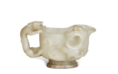 An archaistic white jade 'chilong' libation cup, 17th/18th century | 十七/十八世紀 白玉仿古螭耳盃
