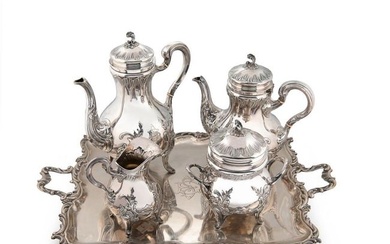 An early 20th century Belgian metalwares silver 4-piece tea set with accompanying tray