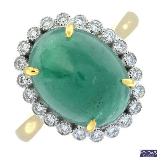 An emerald cabochon and brilliant-cut diamond cluster ring.