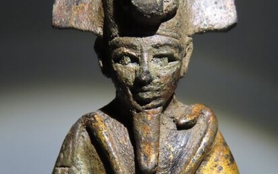 Ancient Egyptian Bronze Solid Gilted fine Sculpture of god Osiris. Late Period. 16 cm H. Very nice details and gold.