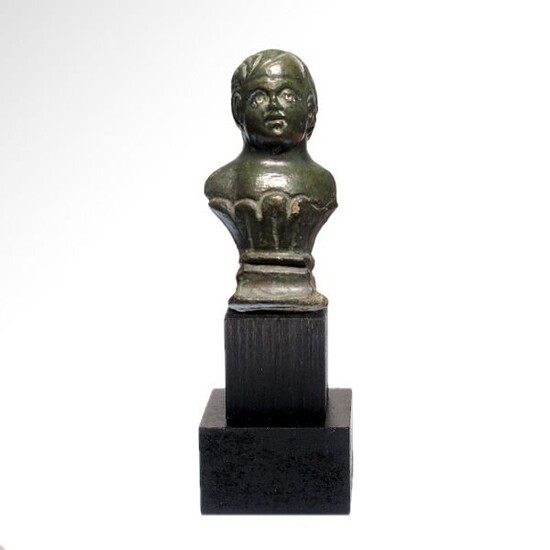Ancient Roman Bronze Bust of a Child, Silver Inlaid Eyes