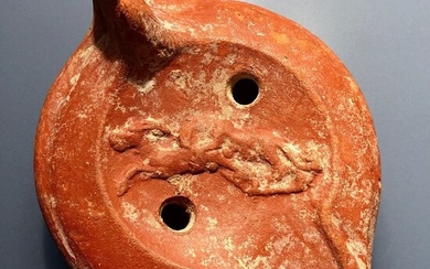 Ancient Roman Terracotta Impressive Oil Lamp with a Hunting Scene of a Panther hunting an Antilope. Wth a Signature BI