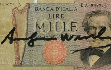 Andy Warhol (1928 - 1987) MILLE LIRES feutre sur billet de banque, 6x12,5 cm Signature...