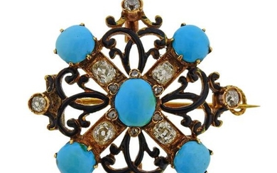 Antique 18K Gold Diamond Turquoise Enamel Brooch