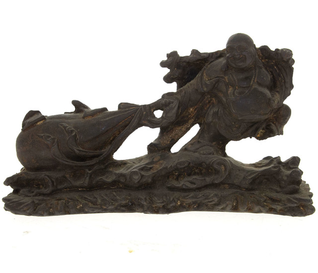 Antique Chinese Bronze Sculpture, Laughing Buddha with Sack.