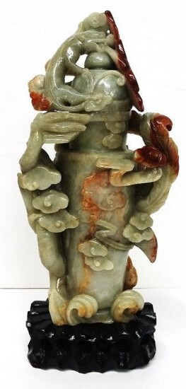 Antique Chinese Carved Green Rust Jade Vase Floral Lid