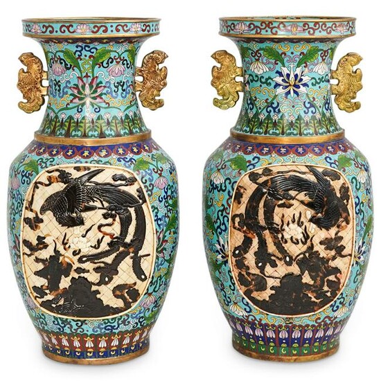 Antique Chinese Cloisonne and Carved Panel Vases