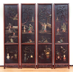 Antique Chinese Four Panel Lacquer and Mineral Folding