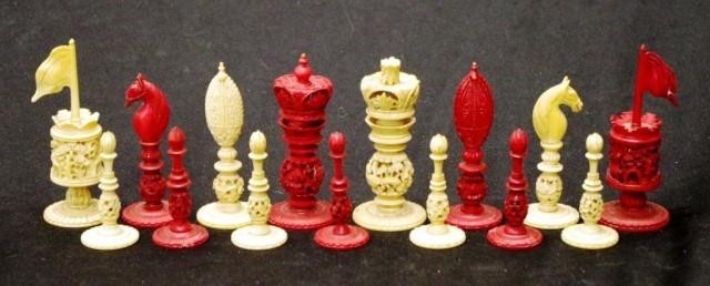 Antique Chinese carved ivory set chess pieces including natu...