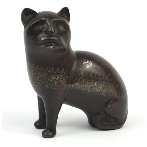 Antique Persian Qajar iron cat with silver and gold coloured...