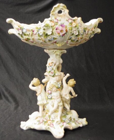 Antique Sitzendorf porcelain figural compote with encrusted floral decoration,...