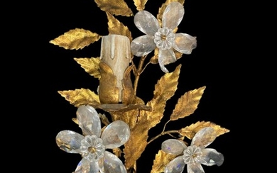 Applique lumineuse en métal doré et cristaux d'élan avec bougies en bois, années 1950. H...