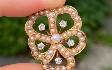 Art Nouveau 14K Gold, Diamond, and Pearl Pansy Pendant, Antique...