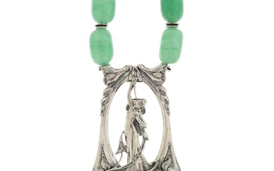 Art Nouveau style sterling silver and green jade necklace in...