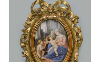 Arte del secolo XIX "Madonna con Bambino e San Giovannino" placca ovale in porcellana dipinta(cm 19x13,5) in cornice dell'epoca in...