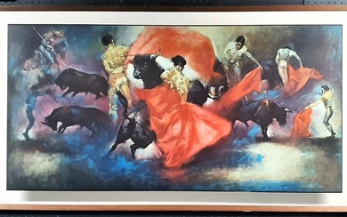 Artist Unknown (Julian) "Matadores"decorative print, frame: 77x 138 cm, facsimile signed lower right