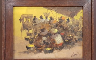 Artist Unknown "Market Gathering 1975"oil on canvas, 34 x 42cm (frame), signed and dated lower right