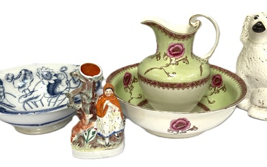 Assorted ceramics, including a 19th century wash basin and ewer set; a Staffordshire spill vase with