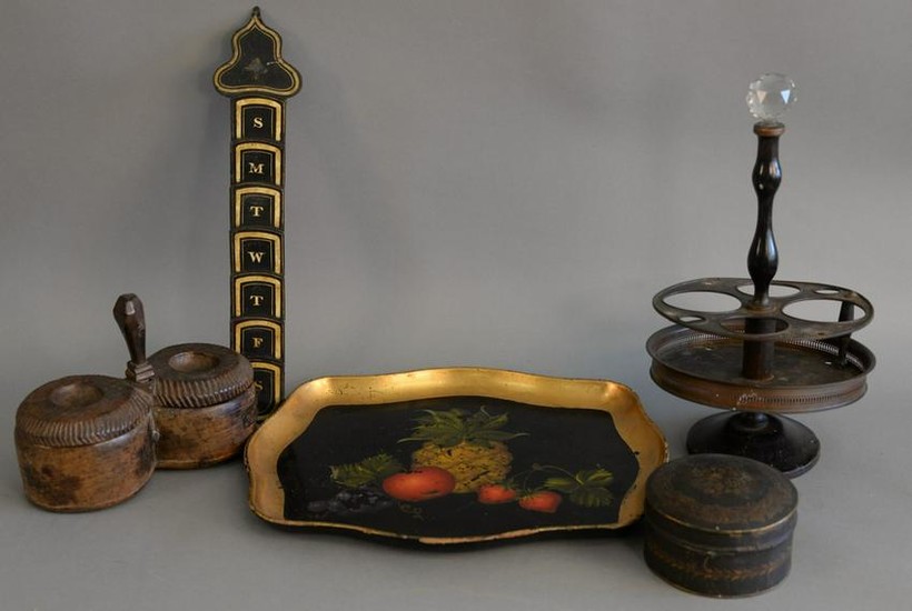 Assorted group to include three painted tole pieces