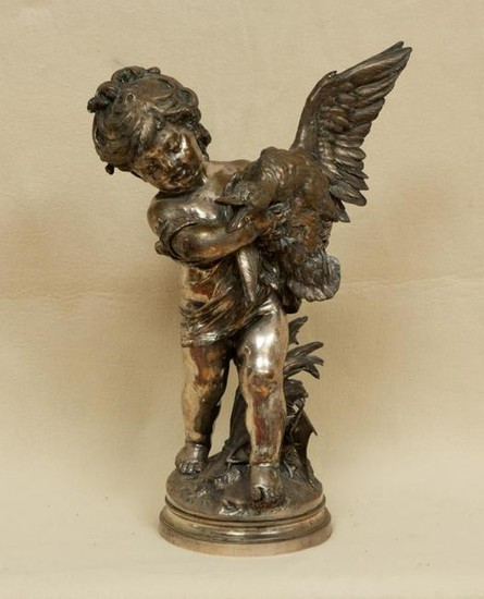 Auguste Moreau Silverplated Bronze Sculpture of Cherub