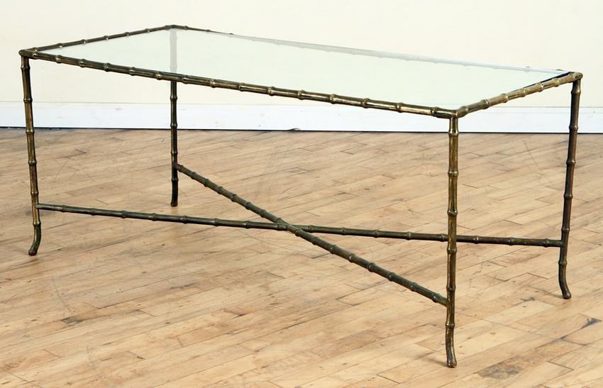 BAGUES BRONZE FAUX BAMBOO GLASS COFFEE TABLE 1940
