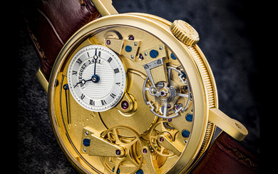 BREGUET. AN 18K GOLD SEMI-SKELETONISED WRISTWATCH WITH POWER RESERVE LA TRADITION MODEL, REF. 7027